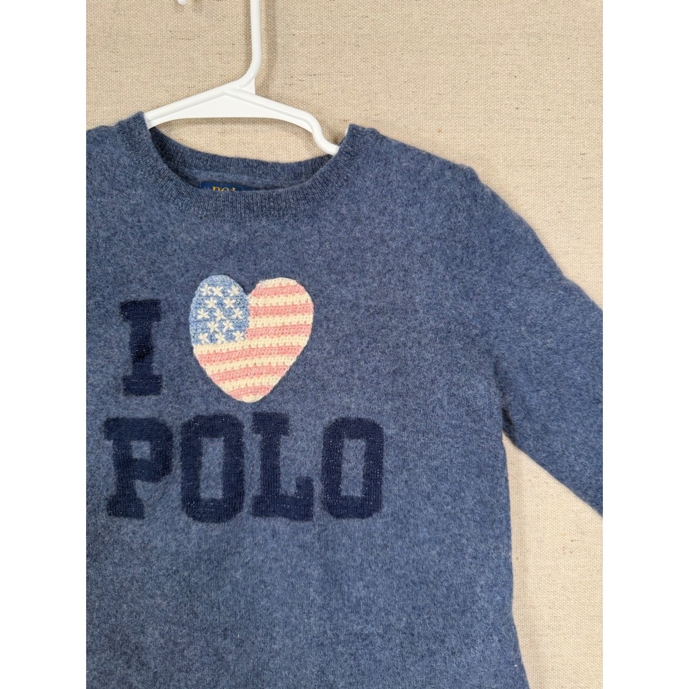Polo Ralph Lauren Kids Blue Wool Blend I Heart Polo American Flag Sweater 6X